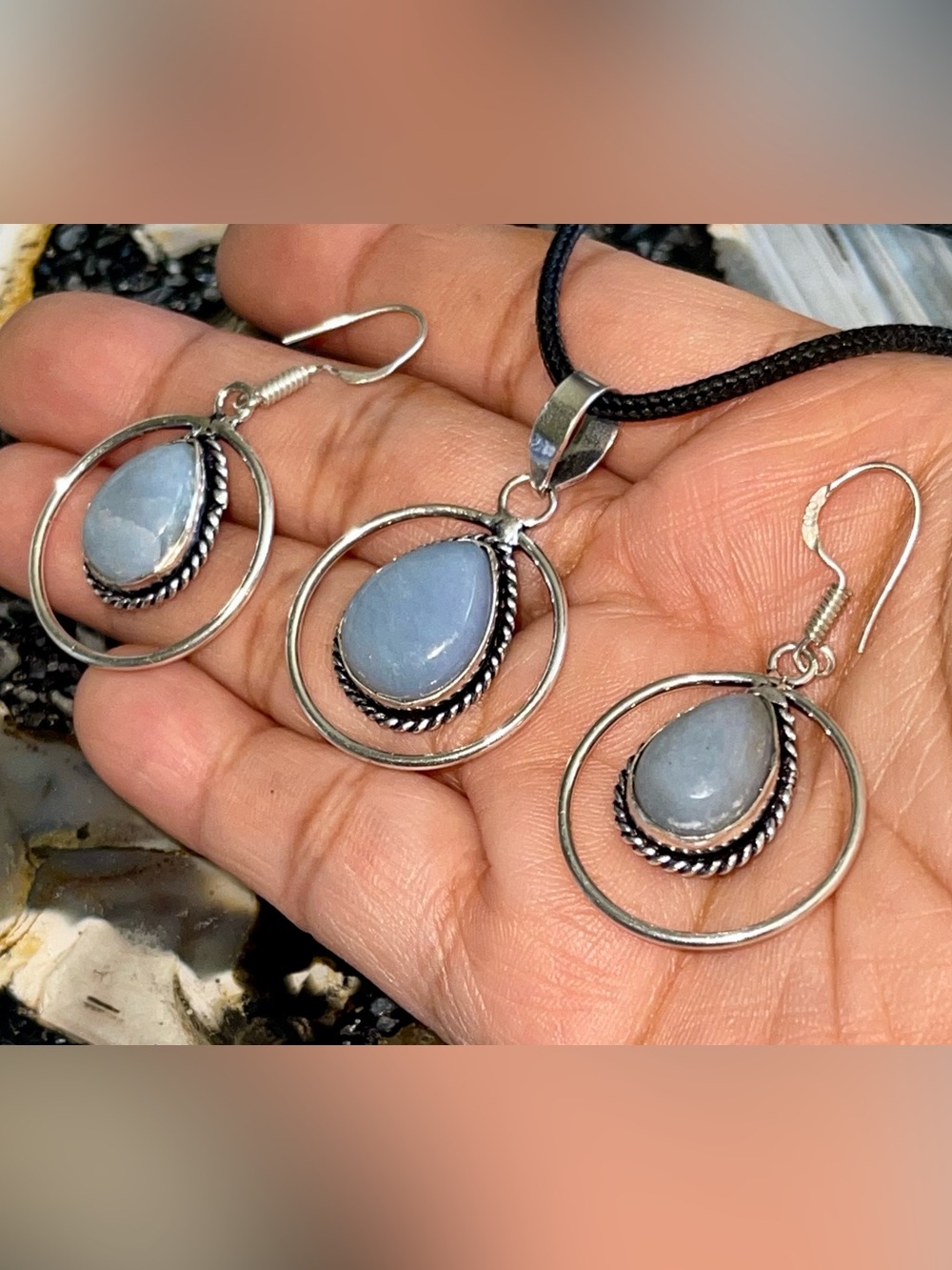 Set of Lightweight Angelite Anhydrite Pendant & Earrings